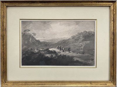 Lot 1188 - William Gilpin (1724-1804) ink and wash, Figures in a landscape, with blind stamp, 16cm x 26cm, glazed frame. Provenance: first sold at Christie's Gilpin Sale, 6th May 1802