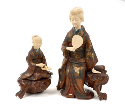Lot 730 - Pair of late 19th century Japanese carved and lacquered boxwood and ivory okimono