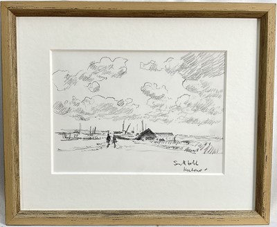 Lot 1153 - *Hugh Boycott-Brown (1909-1990) pencil sketch - Southwold Harbour, inscribed, 14cm x 20cm, in glazed frame. Removed from a sketchbook of 1988-1990