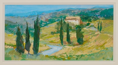 Lot 1155 - Anthony Atkinson ARCA (1929-2015) gouache - 'Above Beaumes de Venise', France, signed, 41cm x 21cm, in glazed frame. Provenance: John Russell Gallery