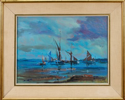 Lot 1158 - Edward (Ted) Gentry (b.1943) oil on board - Barges on The Orwell, signed, 28cm x 38cm, in glazed gilt frame