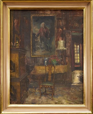 Lot 1094 - *Peter Kuhfeld (b.1952) oil on canvas - The Saloon, Antony House, Cornwall, signed, titled, dated 1993 and further signed verso, 58cm x 46cm, in gilt frame