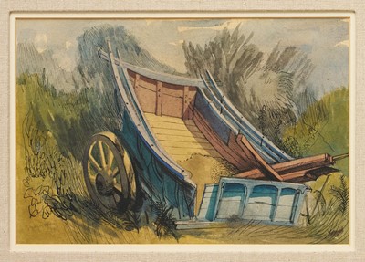 Lot 1113 - Mary Hoad (1908-1968) pen, ink and watercolour - 'The Old Farm Cart', signed and dated 1947, 24.5cm x 35.5cm, in glazed gilt frame