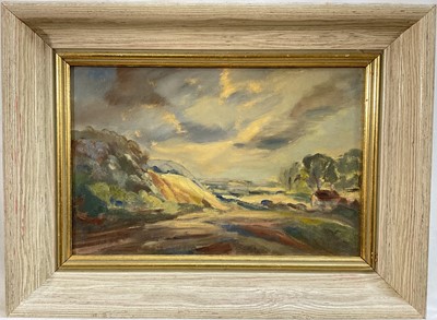 Lot 231 - M. Sowden, second half 20th century, oil on board - Storm over Boxhill, titled verso on 1973 exhibition label, 18.5cm x 28.5cm, framed