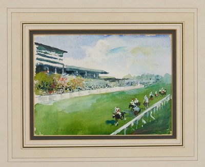 Lot 989 - John Victor Emms (1912-1993) watercolour - The Final Furlong, signed, 13cm x 17.5cm, in glazed gilt frame