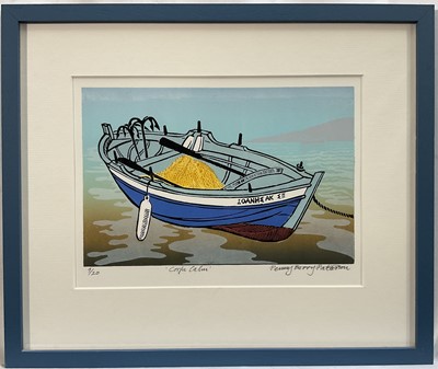 Lot 226 - Penny Berry Paterson (1941-2021) signed limited edition linocut - 'Corfu Calm', 9/20, 19cm x 25.5cm, in glazed blue painted frame