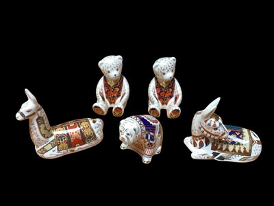 Lot 2236 - Five Royal Crown Derby Imari paperweights including Bulldog, Llama etc