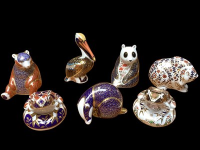 Lot 2237 - Seven Royal Crown Derby paperweights including Brown Pelican and Old Imari Frog