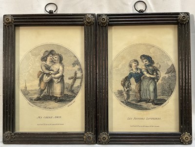 Lot 334 - Pair of 18th century style coloured prints, 'Ma Chere Amie' and 'Les Petites Savoyards', in reeded ebonised frames, 23cm x 17cm overall