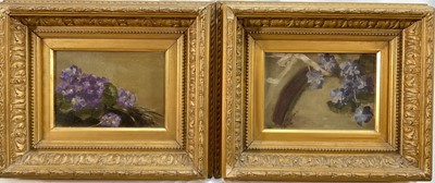 Lot 336 - Miss Ada Beatrice Cooper, late Victorian, pair of oils on canvas - Still Life Violets, artists labels verso, 13cm x 18cm, in gilt frames, 27cm x 32cm overall