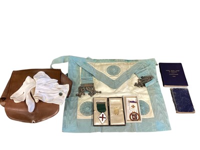 Lot 3094 - Masonic regalia to include a silver and enamel jewel, another Masonic jewel and a Victorian walnut box.