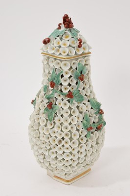 Lot 77 - Derby square section vase and cover, applied with may blossom, circa 1780