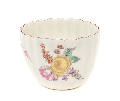 Lot 74 - Chelsea fluted beaker, painted with flowers, circa 1753-55, red anchor mark