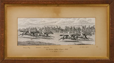 Lot 974 - English School, mid 19th century, possibly C. B. Birch, pen and ink drawing - 'Sir Tatton Sykes' Leger, 1846', the mount titled with the other horses in the race