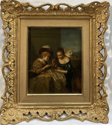 Lot 327 - After Murillo, late 19th century, oil on canvas - Two Figures and a Cat, indistinctly inscribed verso, 20cm x 16.5cm, in gilt frame