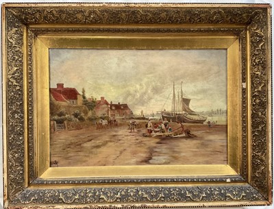 Lot 392 - English School, late 19th century oil on canvas, Fisherfolk, bearing initials, 30cm x 45cm, gilt frame