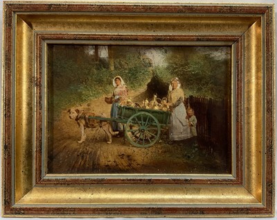 Lot 393 - Charming late 19th century overpainted photograph depicting a family with a dog pulling a cart, in gilt frame, 15.5cm x 19.5cm overall