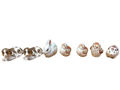 Lot 2253 - Seven Royal Crown Derby Collectors Guild paperweights - Scruff x 2, Bunny, Teal Duckling x 2, Owlet and Bank Vole, all boxed