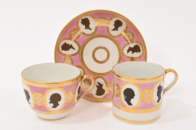Lot 91 - Rare Coalport pink ground teacup, coffee can and saucer, circa 1805