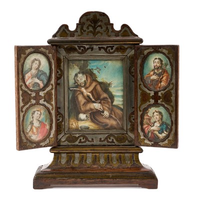 Lot 795 - 18th century Italian walnut and metal inlaid portable triptych