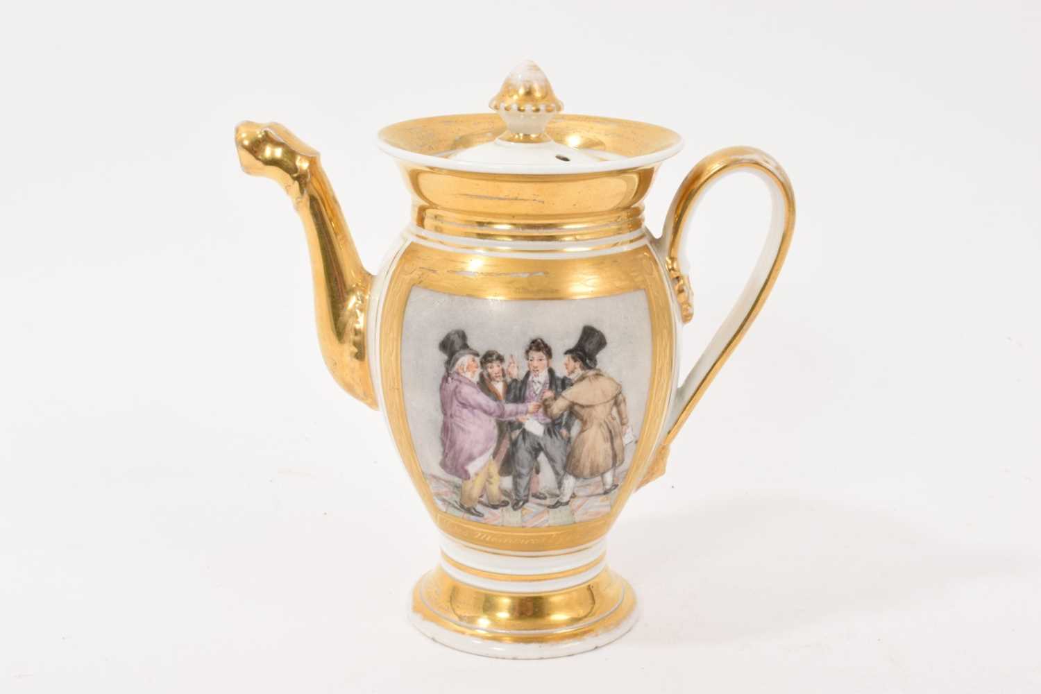 Lot 5007 - 19th century Paris porcelain small coffee pot, painted with Dickensian scenes