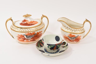 Lot 90 - Ridgway sucrier and cover and milk jug, painted with birds after Thomas Bewick, circa 1800-10, and a Worcester fan pattern teacup and saucer