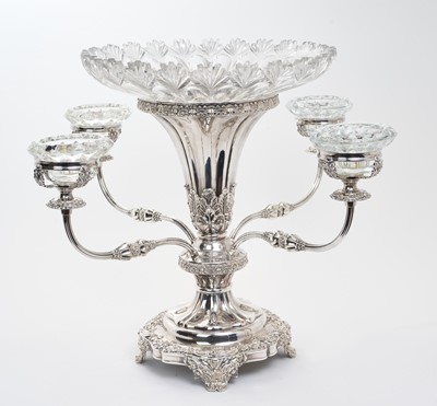 Lot 202 - 19th century silver plated épergne with replaced glass dishes