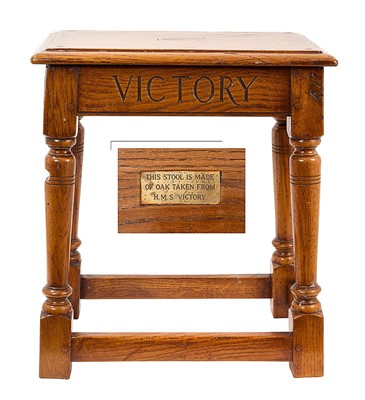 Lot 1516 - Nelson bicentenary oak stool with inset plaque 'This stool is made of oak taken from H.M.S. Victory', by Simpon's of Norfolk