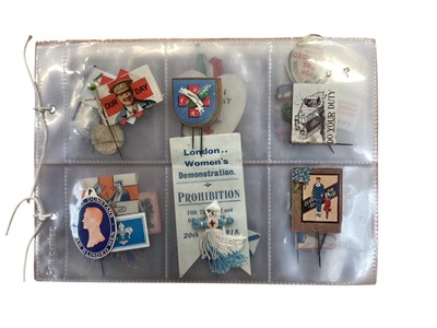 Lot 1136 - WW1 Charity Day fundraising flag with pins, including Red Cross fabric nurse and other flags, War Blinded men, London Women's Demonstration Prohibition 1918, Queen Alexandra's Field Force Fund,...