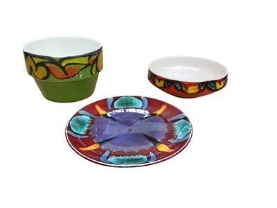 Lot 2266 - Poole Delphis jardinière, 11.5cm high, together with a Delphis bowl, 17.5cm diameter and a Volcano plate, 21.5cm diameter (3)