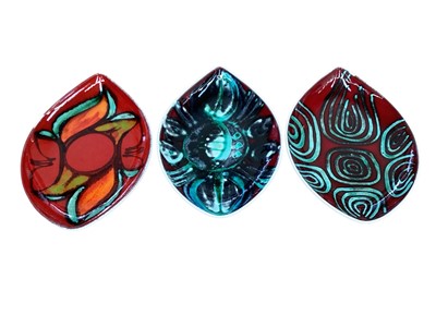 Lot 2273 - Three Poole Delphis teardrop plates, 30.5cm