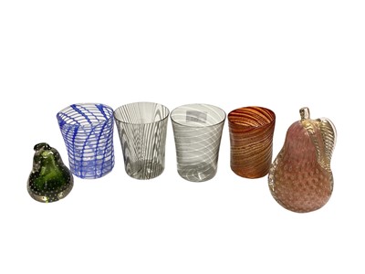 Lot 2282 - Four hand blown Murano water glasses, together with two paperweights in the form of Pears (6)