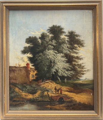 Lot 263 - Victorian English School oil on canvas - figures and donkey in a rural landscape, 34cm x 29cm, in gilt frame