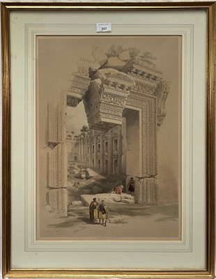 Lot 257 - After David Roberts, hand tinted lithograph, with pin holes, "Baalbec May 7th 1839", London Pub. by FG Moon, 20 Threadneedle Street, Jan 1st 1844". Framed and glazed. 73cm x 56cm. Provenance: So...