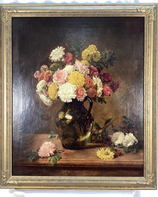 Lot 42 - A. Morgan, oil on canvas - Still life of Dahlias, signed, dated 1883, 75cm x 62cm, in gilt frame