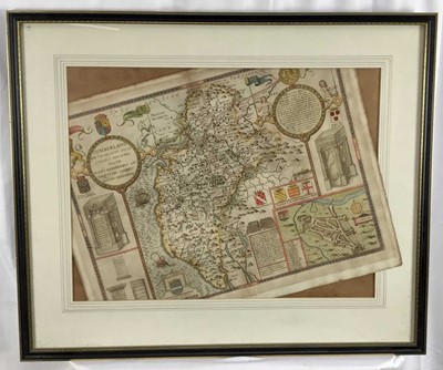 Lot 136 - John Speede, antique hand coloured engraved map of Cumberland, 41cm x 53cm in glazed frame