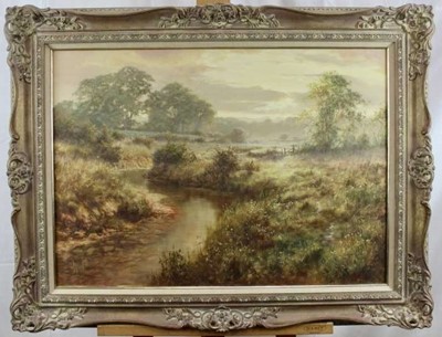 Lot 65 - David Dipnall (1941-2023) oil on canvas - river landscape at dusk, signed, in gilt frame, 50cm x 70cm