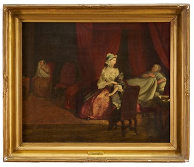 Lot 1053 - Manner of Joseph Highmore (1692-1782) oil on canvas - a scene from Samuel Richardson's Pamela: 'Pamela in the bedroom with Mrs Jewkes and Mr B’, framed