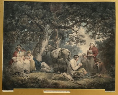 Lot 1097 - Group of six 19th century mezzotints after George Morland including: Travellers, Children Playing at Soldiers and Bird-Nesting, Youth Diverting Age and another, glazed frames
