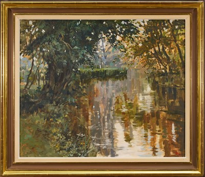 Lot 1199 - *Pamela Kay (b.1939) oil on canvas - River Landscape, signed, 51cm x 61cm, in painted and gilt frame