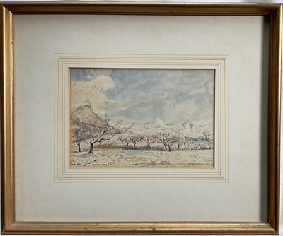 Lot 1198 - John Bensusan-Butt (1911-1997) watercolour - Mountains and Orchard under snow, Ventavon, initialled and dated '51, artist's label verso, 13.5cm x 19cm, in glazed gilt frame. NB: Bensusan-...
