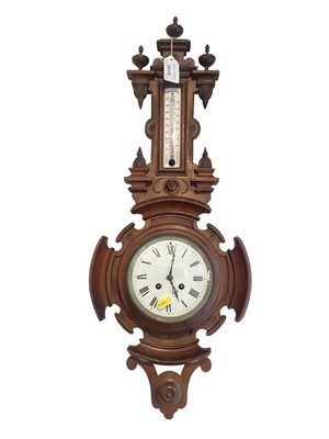 Lot 3010 - Late 19th century French combination clock / thermometer in carved wooden case.