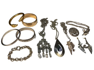 Lot 155 - Silver bangles, gold-plated bangles, modernist jewellery, including a Scandinavian abstract pewter pendant necklace signed Svenskt Tenn.