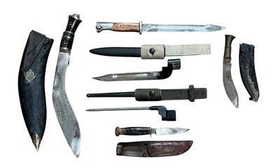 Lot 906 - Two old Gurkha Kukris, British Knife bayonet, British Spike bayonet and other knives, (6).
