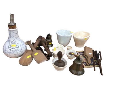 Lot 3140 - Collection of Victorian jelly moulds together with Victorian wooden kitchen utensils, Victorian pottery inhaler, pottery lidded jug and set of bronze bells