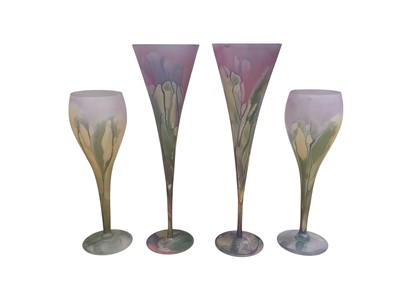 Lot 2290 - Two pairs of Rueven Glasses hand painted by Nouveau Art Glass Co, USA, 27.5cm and 22cm