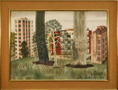 Lot 1260 - *Francis Plummer (1930-2019) watercolour, ‘Neighbourhood’, signed and dated ‘67, titled verso, 57cm x 80cm, glazed frame