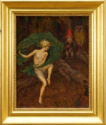 Lot 1261 - Early 20th century oil on board depiction of a fairy grove with owl and gnome, indistinctly signed, 47cm x 37cm, in gilt frame