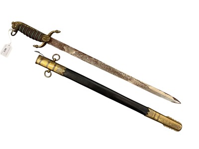 Lot 963 - Reproduction Naval Mid-shipman’s dirk with engraved blade housed in brass mounted scabbard