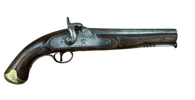 Lot 998 - Victorian percussion musket bore military pistol with crowned side lock, 22.5cm barrel, brass-mounted walnut stock with original steel ramrod, 40 cm overall